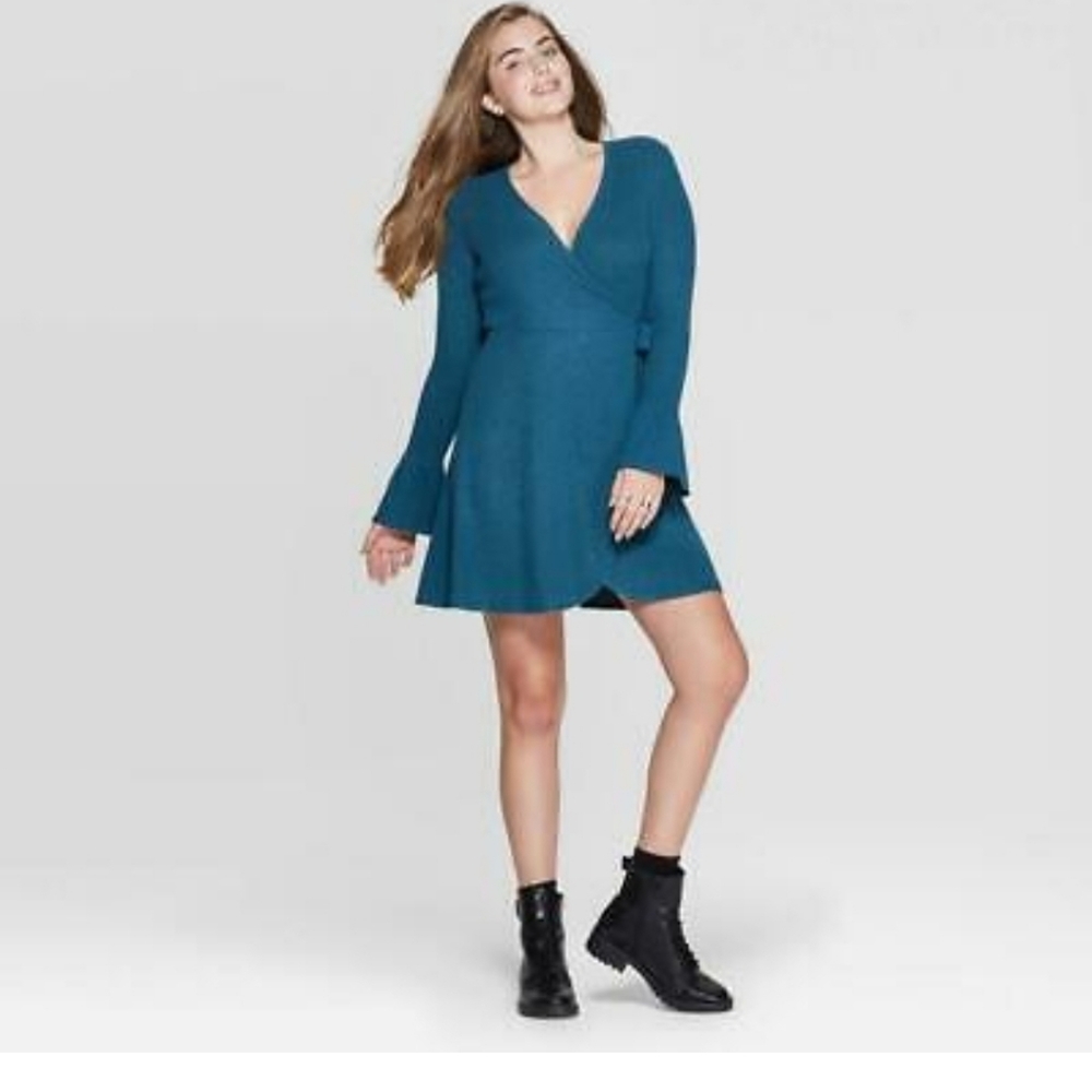 Women's Long Sleeve Wrap Sweater Knit Mini Dress..